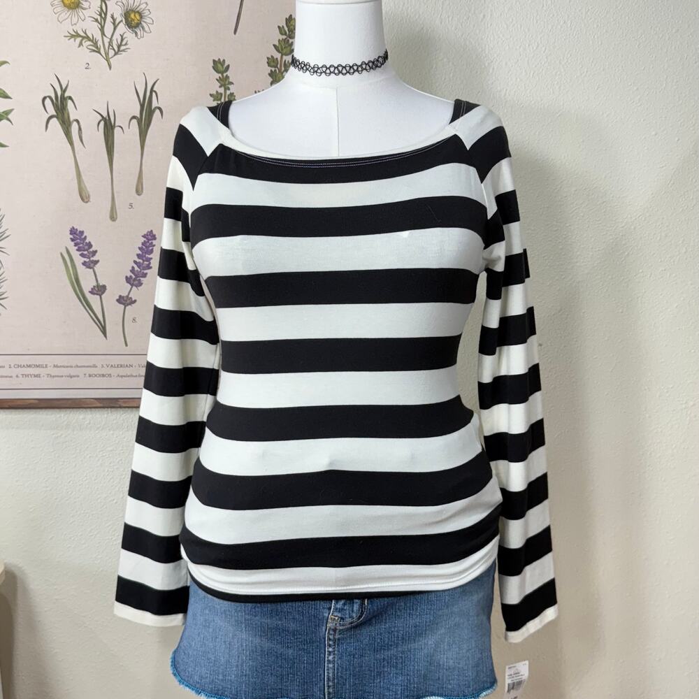 Vintage 90s Y2k Black Cream Striped Long Sleeve Top NWT Indie Sleaze Emo L